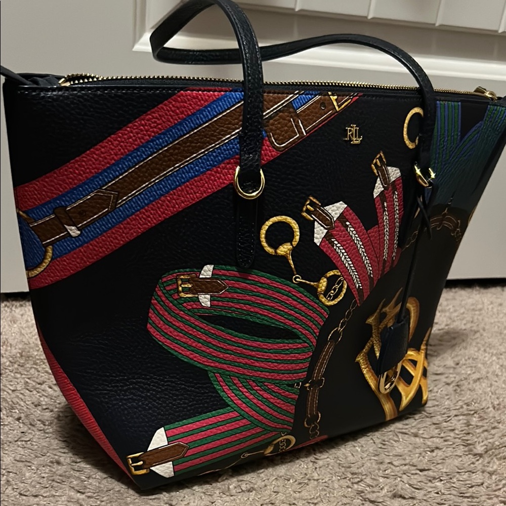Ralph Lauren Designer Navy Blue and Multicolor Tote Bag